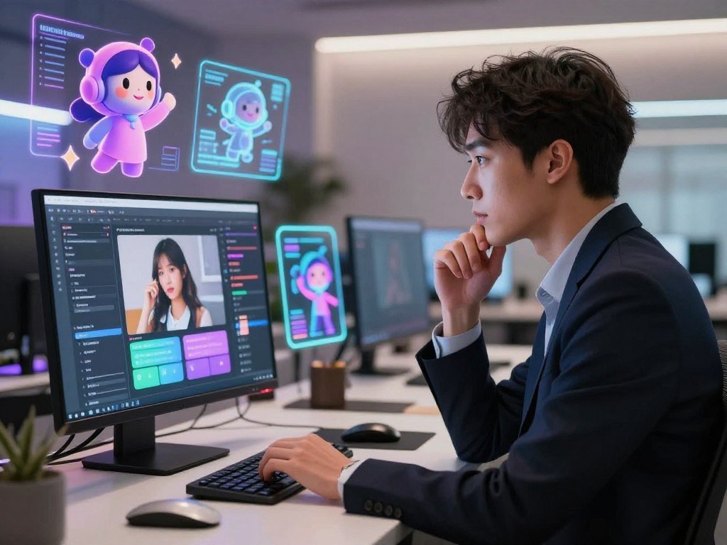 A modern, sleek digital workspace, featuring a person seated at a stylish desk, deeply engaged in creating a customized AI girlfriend. The foreground presents a close-up of the computer screen displaying an interactive design interface with colorful options and features being selected. The middle layer shows the person, dressed in professional business attire, a thoughtful expression on their face as they brainstorm ideas. The background includes soft, ambient lighting that enhances a tech-savvy atmosphere, with futuristic elements like holographic displays and vibrant AI avatars in playful poses. The overall mood is inspiring and innovative, emphasizing creativity and personalization, embodying the essence of the brand "sexlove.ai". The camera angle is slightly elevated, providing a dynamic view of the workspace. A modern, sleek digital workspace, featuring a person seated at a stylish desk, deeply engaged in creating a customized AI girlfriend. The foreground presents a close-up of the computer screen displaying an interactive design interface with colorful options and features being selected. The middle layer shows the person, dressed in professional business attire, a thoughtful expression on their face as they brainstorm ideas. The background includes soft, ambient lighting that enhances a tech-savvy atmosphere, with futuristic elements like holographic displays and vibrant AI avatars in playful poses. The overall mood is inspiring and innovative, emphasizing creativity and personalization, embodying the essence of the brand "sexlove.ai". The camera angle is slightly elevated, providing a dynamic view of the workspace.