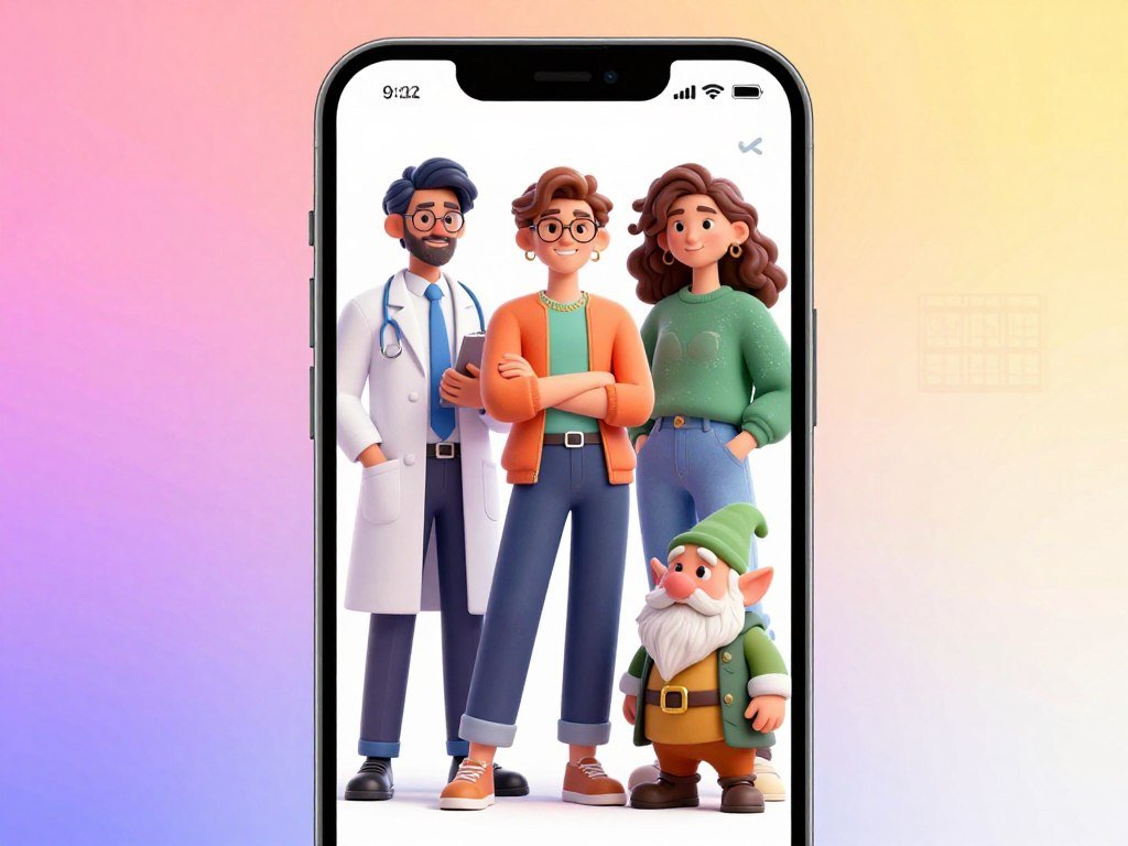 A modern smartphone interface showing a swipe-to-match screen with a diverse array of stylized AI character avatars, including a scientist, a poet, and a fantasy dwarf. A modern smartphone interface showing a swipe-to-match screen with a diverse array of stylized AI character avatars, including a scientist, a poet, and a fantasy dwarf.
