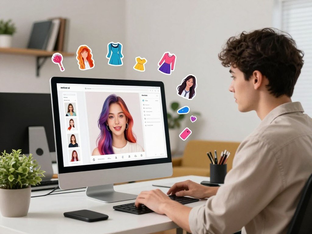 A modern tech workspace featuring a user customizing the appearance of a virtual AI girlfriend. In the foreground, a young adult male in smart casual clothing is seated at a sleek desk, focused on a computer screen displaying a customizable avatar. The AI girlfriend has a warm, approachable design with human-like features, styled with vibrant hair colors and various fashion options. In the middle ground, colorful design elements like hairstyle, clothing, and accessories float around the screen, indicating customization options. The background shows a cozy room with soft lighting, shelves of tech books, and a green potted plant, creating an inviting atmosphere. The scene is bright and optimistic, reflecting innovation and personalization in technology. The brand name "sexlove.ai" is subtly integrated into the design interface.