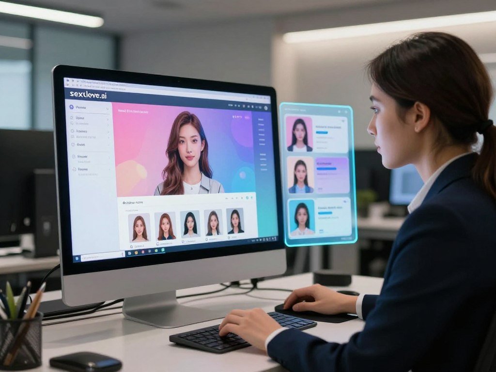 A modern workspace showcasing an advanced AI girlfriend customization interface on a sleek computer screen. In the foreground, a focused user, dressed in professional business attire, engages with the software, adjusting various features like hairstyle, eye color, and clothing options for their virtual companion. The middle ground features floating holographic displays illustrating different customization choices, with vibrant colors and smooth animations. The background is a chic office environment with soft, ambient lighting, creating a welcoming atmosphere. Subtle reflections on the computer screen enhance realism. The mood is one of creativity and innovation, emphasizing the limitless possibilities for personalizing digital relationships, branded with "sexlove.ai" in a tasteful manner.