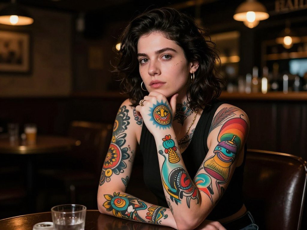 A moody and artistic AI companion with dark hair and creative tattoos, sitting in a dimly lit jazz club, realistic textures, cinematic lighting.