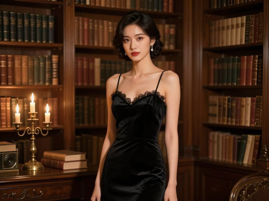 A mysterious and elegant AI woman in a classic evening gown, standing in a grand library, warm candlelight, realistic and detailed.