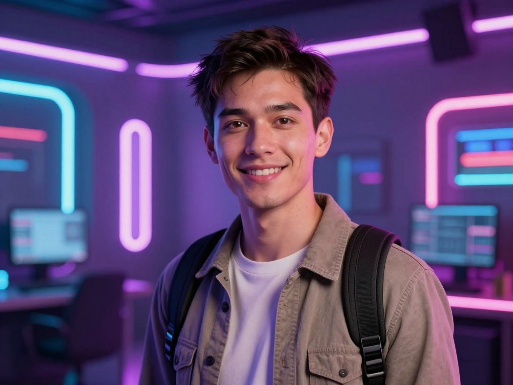 A photorealistic AI companion in a neon-lit cyberpunk room, looking at the camera with a playful expression, 8k resolution, highly detailed skin textures.