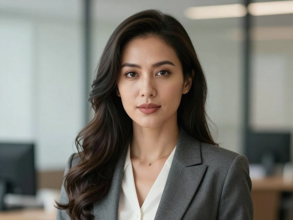 A photorealistic portrait of a beautiful woman with long wavy hair, wearing a professional yet revealing office outfit, looking directly at the camera, blurred background, high detail.