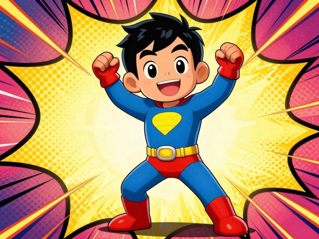 A playful AI character with a mischievous grin, wearing a superhero costume, bright comic book colors, dynamic pose.