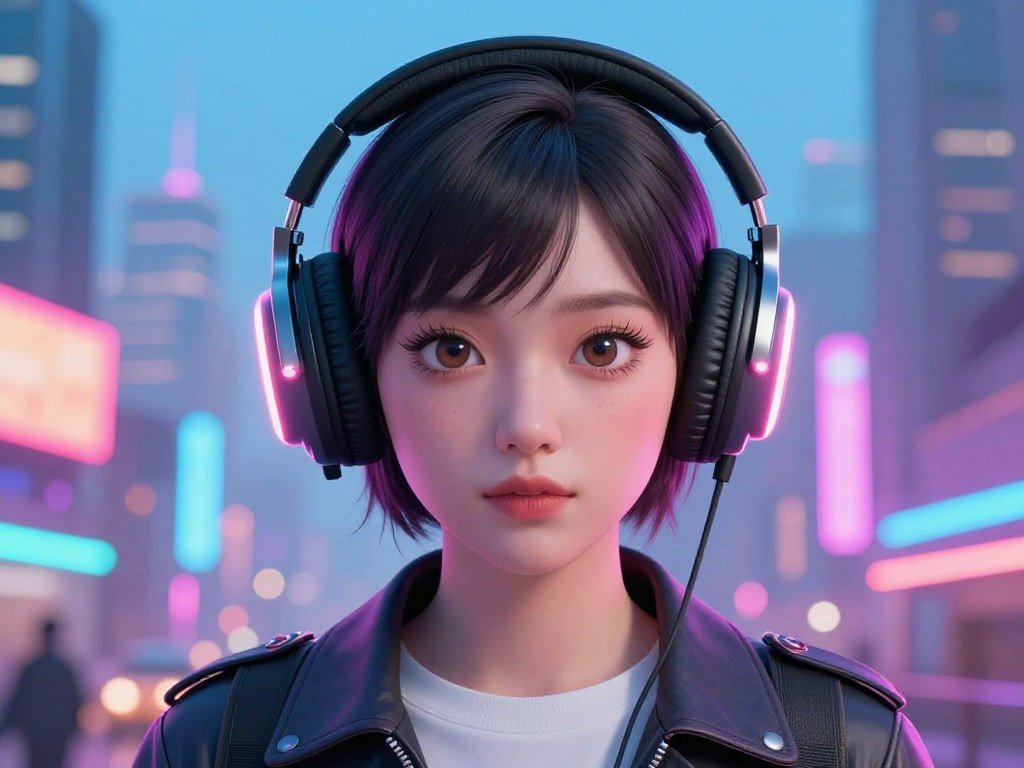 A portrait of a stylish AI companion with glowing headphones, expressive eyes, vibrant urban city background, digital art style. A portrait of a stylish AI companion with glowing headphones, expressive eyes, vibrant urban city background, digital art style.