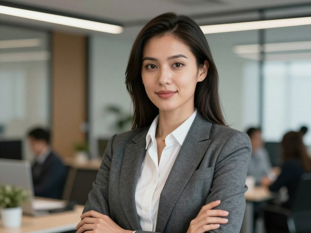 A professional woman in a sleek business suit standing in a modern office, photorealistic style, soft office lighting, detailed facial features, 4k. A professional woman in a sleek business suit standing in a modern office, photorealistic style, soft office lighting, detailed facial features, 4k.