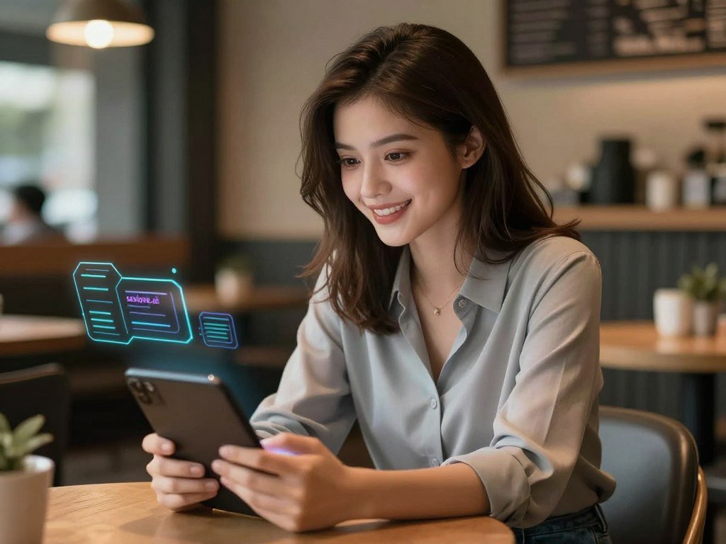 A realistic AI girlfriend companion, portrayed as an attractive young woman in her mid-20s, with shoulder-length brunette hair and warm, inviting eyes. She is wearing professional yet casual attire &ndash; a stylish blouse paired with smart jeans. The setting is a cozy, softly lit virtual caf&eacute; where she appears engaged, smiling while looking at a digital device. In the background, digital elements hint at a high-tech environment, with subtle hints of AI interfaces. The foreground focuses on her friendly expression, exuding warmth and approachability. The image is captured with a soft-focus lens, enhancing the intimate atmosphere. The lighting is warm and inviting, creating a relaxed yet futuristic mood. Ensure the branding "sexlove.ai" is subtly integrated into the scene, reflecting its connection to AI companionship.