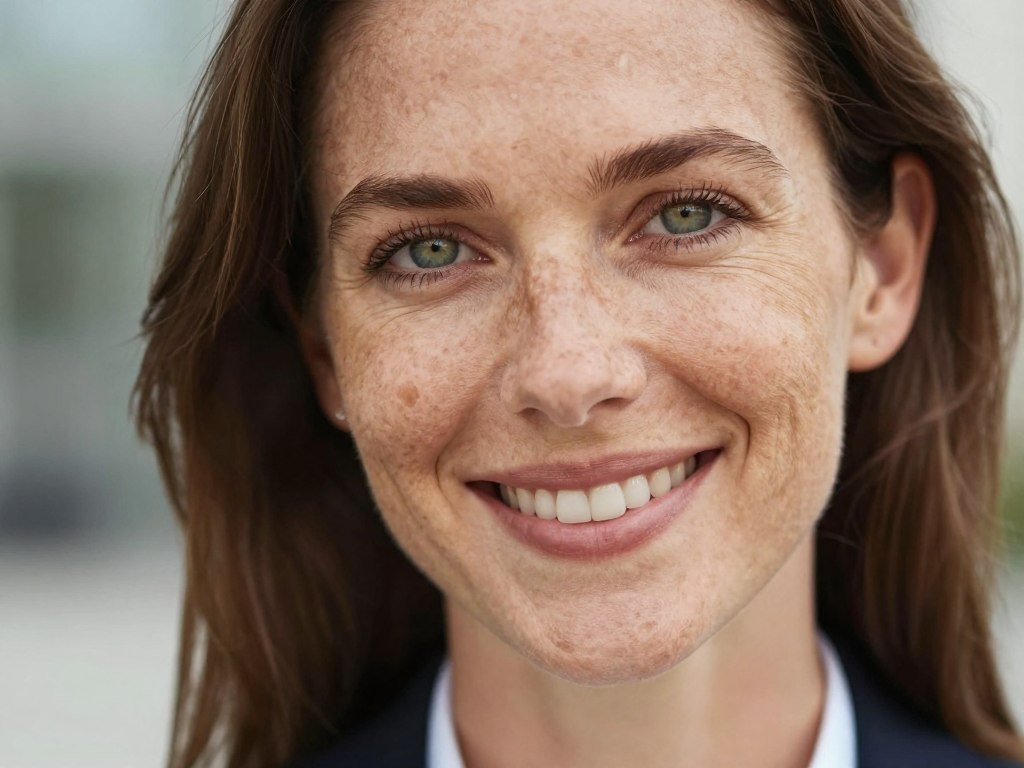A realistic close-up of a beautiful woman with freckles and green eyes, smiling warmly, natural outdoor lighting, high-resolution photography.