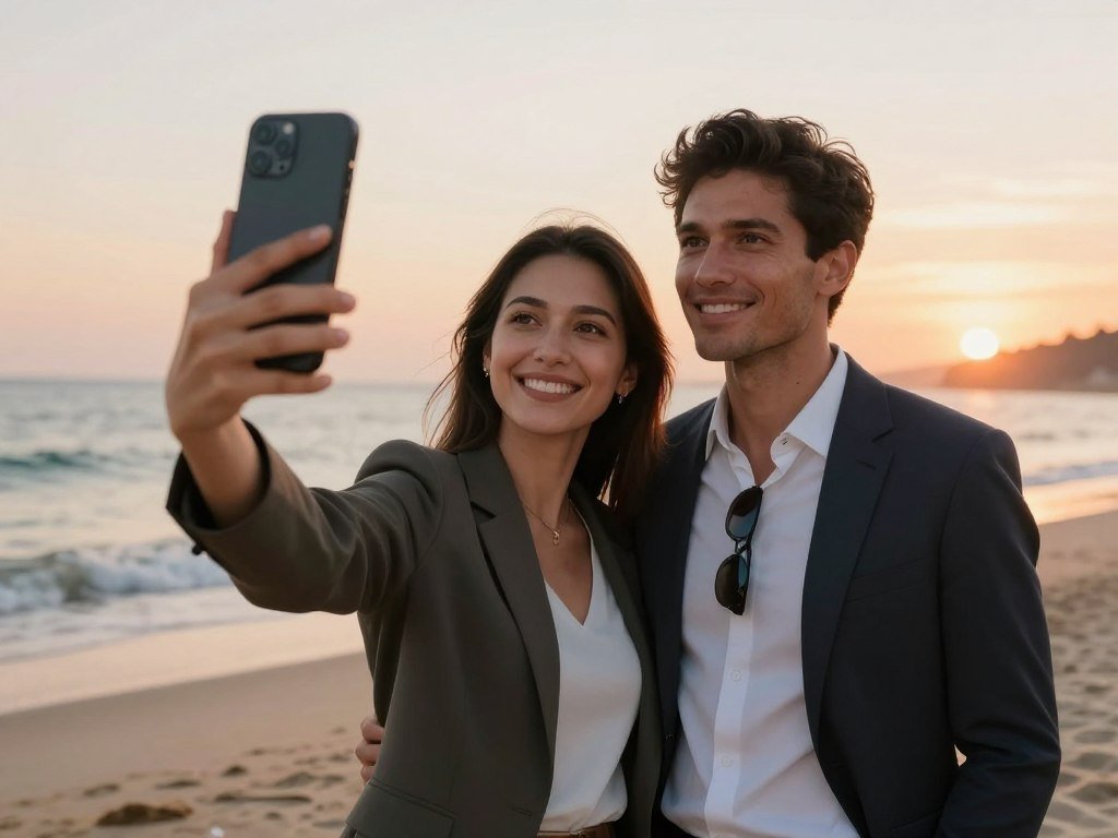 A realistic virtual girlfriend taking a selfie at a beach at sunset, natural lighting, cinematic quality, high resolution, detailed features. A realistic virtual girlfriend taking a selfie at a beach at sunset, natural lighting, cinematic quality, high resolution, detailed features.
