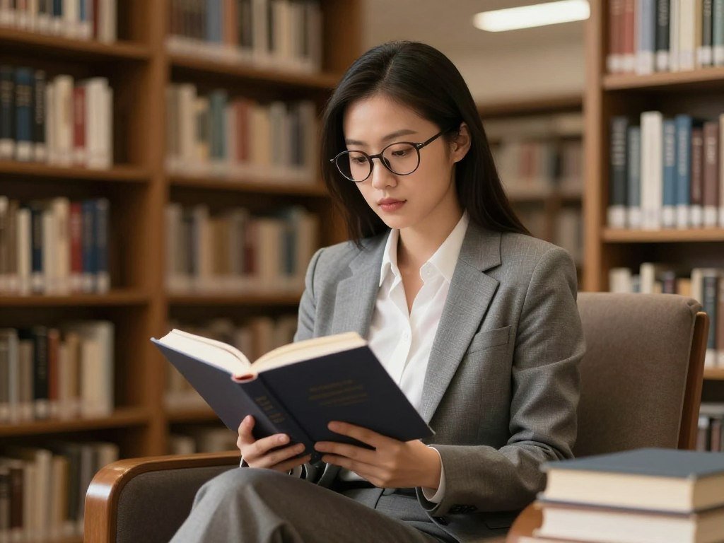 A realistic virtual partner sitting in a library reading a book, soft lighting, intellectual and calm vibe.