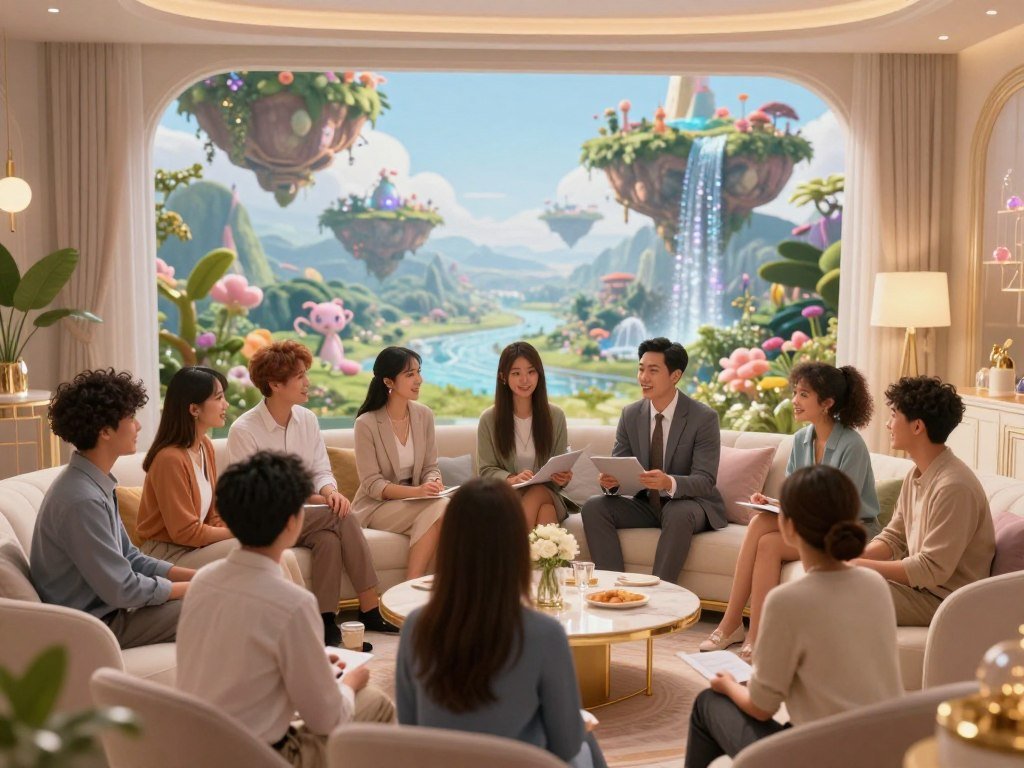 A serene and enchanting setting where dreams and fantasies come alive. In the foreground, a diverse group of avatars, dressed in professional business attire or modest casual clothing, engage in lively, friendly conversations, showcasing different personalities and interests. The middle ground features a beautifully designed virtual room with soft, ambient lighting, luxurious furnishings, and shimmering decorative elements that evoke a sense of comfort and intimacy. In the background, a digital landscape unfolds, brimming with whimsical fantasy elements like floating islands, sparkling waterfalls, and lush greenery, inviting exploration. The atmosphere is joyful and vibrant, encouraging creativity and connection without any distractions. The scene is illuminated with warm, inviting lighting that enhances the feelings of safety and adventure. Artistic style: high detail, soft focus, harmonious color palette. Brand name: sexlove.ai.
