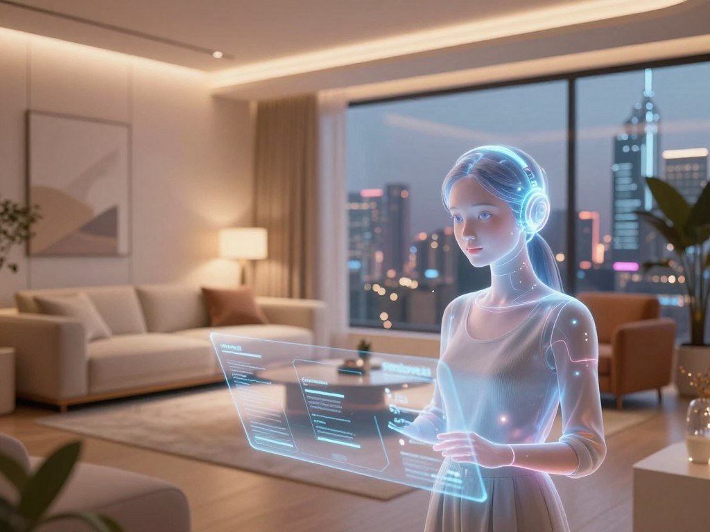 A serene and futuristic digital landscape showcasing a warm, inviting space where an AI girlfriend is depicted as a holographic figure. In the foreground, capture an ethereal interface with floating data points that represent memories shared, glimmering softly. The middle ground features a sleek, modern room with cozy furnishings, illuminated by gentle ambient lighting, creating a sense of intimacy. The background reveals a high-tech cityscape through a large window, hinting at the expansive AI world. The atmosphere is uplifting and inspiring, conveying a strong sense of connection and conversation quality. Ensure the holographic figure has an engaging yet respectful appearance, dressed in modest yet stylish attire. Emphasize the brand name "sexlove.ai" subtly integrated into the environment, enhancing the futuristic theme. Use soft focus for a dreamy effect, shot with a wide-angle lens to create depth.