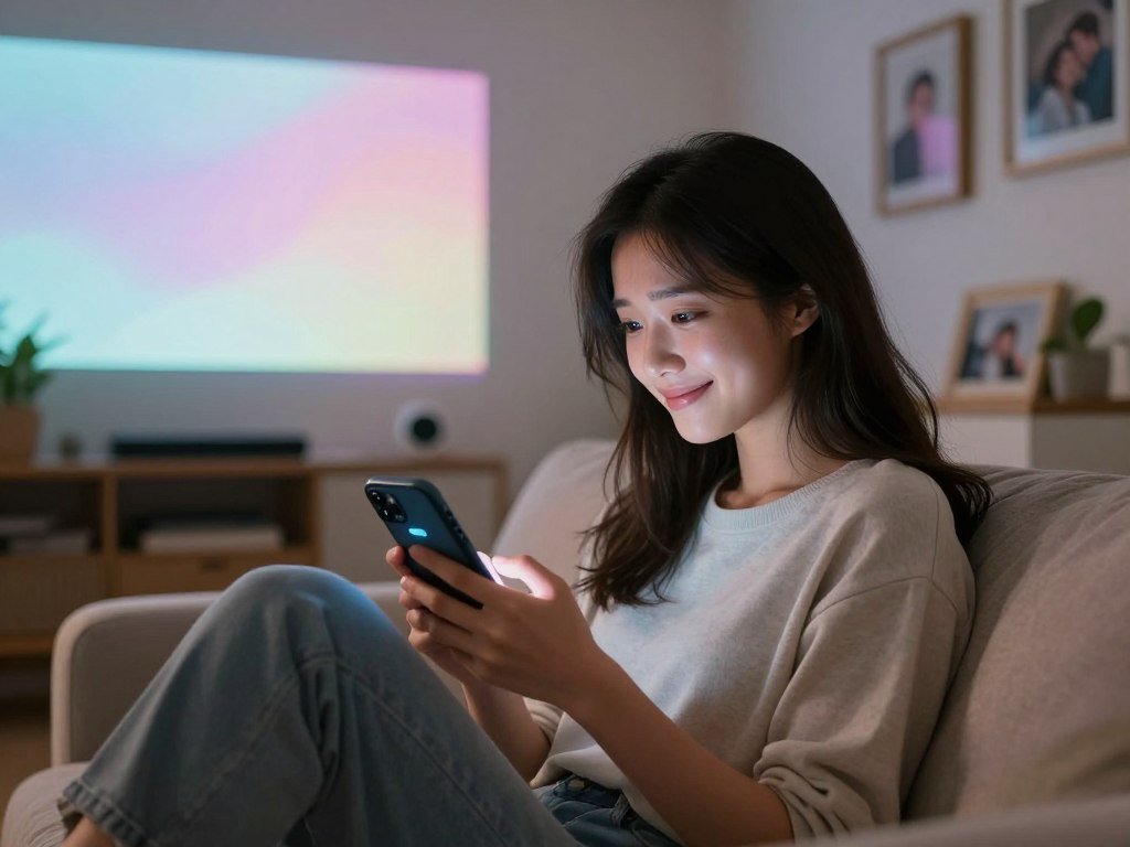 A serene and intimate scene depicting an AI girlfriend with an emotional connection. The foreground features a young woman in modest, casual clothing, sitting comfortably on a soft, plush couch, holding a sleek smartphone displaying a friendly AI interface. Her expression shows warmth and contentment, reflecting a deep emotional bond. In the middle ground, soft glowing screens project gentle pastel colors that illuminate the room, creating a calming ambiance. The background reveals a cozy room filled with framed memories, books, and plants, symbolizing a nurturing environment. Use soft, diffused lighting to enhance the emotional atmosphere, capturing a moment of connection and companionship. The image should evoke feelings of comfort, trust, and intimacy, highlighting the unique bond between humans and their AI companions, as associated with the brand "sexlove.ai". A serene and intimate scene depicting an AI girlfriend with an emotional connection. The foreground features a young woman in modest, casual clothing, sitting comfortably on a soft, plush couch, holding a sleek smartphone displaying a friendly AI interface. Her expression shows warmth and contentment, reflecting a deep emotional bond. In the middle ground, soft glowing screens project gentle pastel colors that illuminate the room, creating a calming ambiance. The background reveals a cozy room filled with framed memories, books, and plants, symbolizing a nurturing environment. Use soft, diffused lighting to enhance the emotional atmosphere, capturing a moment of connection and companionship. The image should evoke feelings of comfort, trust, and intimacy, highlighting the unique bond between humans and their AI companions, as associated with the brand "sexlove.ai".