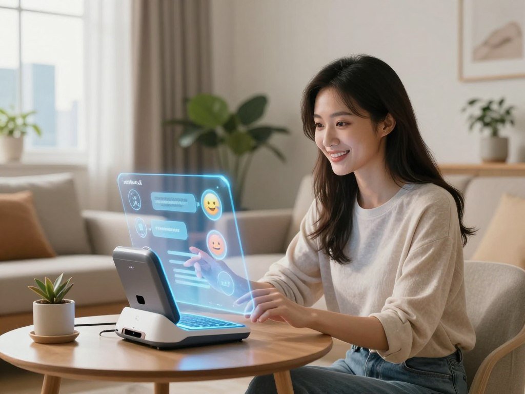 A serene and inviting indoor setting that showcases the benefits of AI companions in modern life. In the foreground, a sophisticated young woman dressed in stylish, modest casual attire interacts with a sleek, futuristic AI device that resembles a holographic interface, displaying emotive icons and thoughtful messages. The middle ground features a warm, cozy living space with soft lighting, modern furniture, and gentle plants, creating a welcoming atmosphere. In the background, large windows let in natural light, hinting at a vibrant city skyline, symbolizing connection and progress. The ambiance is uplifting and optimistic, emphasizing companionship, understanding, and emotional support. The brand name "sexlove.ai" subtly appears within the design elements of the holographic interface, ensuring a focus on genuine connection. A serene and inviting indoor setting that showcases the benefits of AI companions in modern life. In the foreground, a sophisticated young woman dressed in stylish, modest casual attire interacts with a sleek, futuristic AI device that resembles a holographic interface, displaying emotive icons and thoughtful messages. The middle ground features a warm, cozy living space with soft lighting, modern furniture, and gentle plants, creating a welcoming atmosphere. In the background, large windows let in natural light, hinting at a vibrant city skyline, symbolizing connection and progress. The ambiance is uplifting and optimistic, emphasizing companionship, understanding, and emotional support. The brand name "sexlove.ai" subtly appears within the design elements of the holographic interface, ensuring a focus on genuine connection.