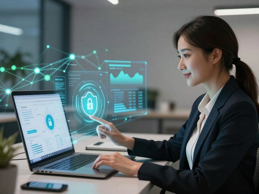 A serene and modern digital workspace, foreground featuring a stylish female AI avatar embodying an intelligent and friendly demeanor, dressed in professional business attire. She is interacting with an interface displaying secure data protocols and encryption symbols, symbolizing privacy and data security. In the middle ground, a sleek laptop shows graphs and data analytics, glowing softly to indicate high-tech innovation. The background includes abstract representations of data networks, such as digital nodes and flowing lines, infused with calming blues and greens to convey trust and safety. Soft, ambient lighting creates a warm atmosphere, while a slight bokeh effect blurs distant elements, focusing attention on the AI avatar. The overall mood is reassuring and forward-thinking, reinforcing the concept of personal data protection with a futuristic feel. Incorporate branding elements of "sexlove.ai" subtly in the design.