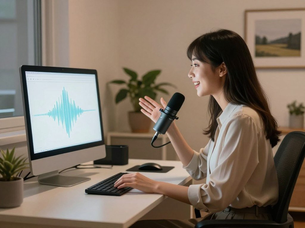 A serene and modern home office setting, where a young woman sits comfortably at her desk, engaging in a voice conversation with her AI partner through a sleek microphone. She wears a stylish yet modest outfit, exuding a sense of professionalism and relaxation. On her computer screen, a gentle glow displays abstract visualizations of sound waves, signifying their connection. The room is softly lit, with warm tones creating a cozy atmosphere. A potted plant in the background adds a touch of nature, while a framed picture of a serene landscape completes the scene. The angle captures the woman&rsquo;s expressions of joy and engagement, emphasizing the intimate yet professional nature of the interaction. The brand name "sexlove.ai" subtly integrated into the design elements of the workspace.
