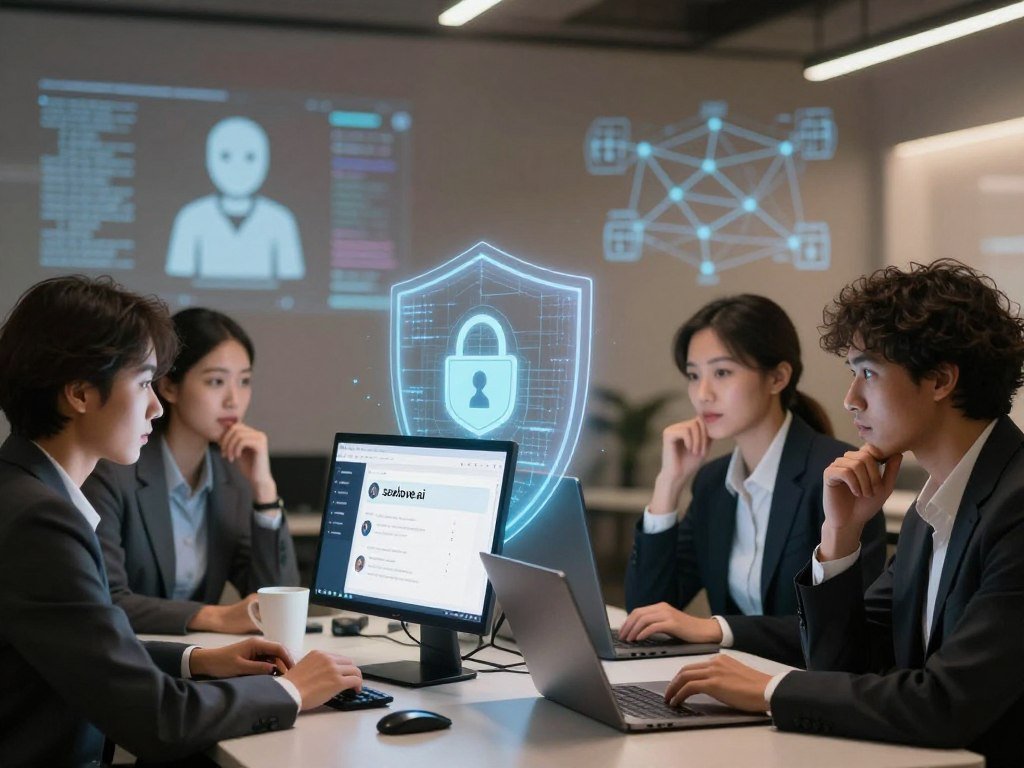 A serene and modern workspace scene representing privacy and security, featuring a sleek computer setup displaying a secure chat interface with the brand name "sexlove.ai." In the foreground, a diverse group of three users, dressed in professional business attire, engage thoughtfully around a table, sharing ideas while their digital devices glow softly. The middle ground focuses on a translucent digital shield enveloping the devices, symbolizing encryption and privacy. In the background, blurred outlines of intelligent technology&mdash;like virtual assistants and secure networks&mdash;create a tech-savvy atmosphere. Soft, warm lighting casts a welcoming ambiance, enhancing the sense of trust and security. The overall mood is calm and focused, illustrating the importance of privacy in the digital age with an AI companion.