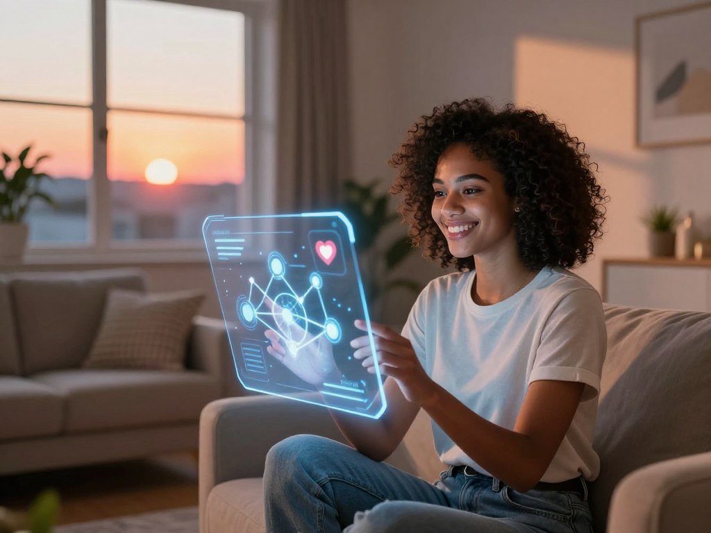 A serene digital environment showcasing the concept of an AI girlfriend, highlighting the benefits of virtual companionship. In the foreground, a cheerful, ethnically diverse young woman dressed in modest casual attire, interacting with a sleek, futuristic holographic interface displaying heart icons and connection symbols. In the middle ground, a cozy living space with soft lighting, featuring a stylish sofa and plants, creating a welcoming atmosphere. The background illustrates a window with a picturesque view of a vibrant sunset, enhancing the mood of warmth and companionship. Soft, diffused lighting casts gentle shadows, emphasizing the emotional connection between the user and the AI. The scene conveys positivity, connection, and the innovative nature of technology. Add the brand name "sexlove.ai" subtly within the interface design, ensuring it blends smoothly into the visual.