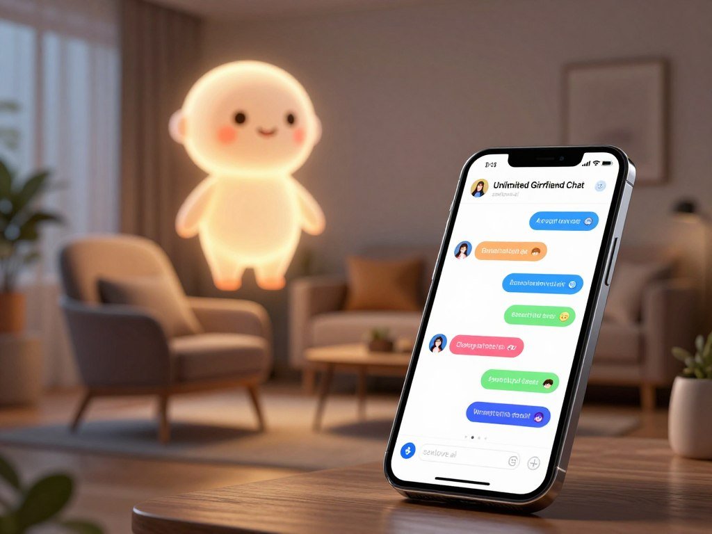 A serene digital landscape illustrating the concept of "Unlimited Girlfriend Chat." In the foreground, a sleek smartphone displays a vibrant user interface with colorful chat bubbles, symbolizing endless messages. The middle ground features a cozy modern living space, complete with a comfy chair and ambient lighting that suggests a tranquil atmosphere. In the background, a gentle glow of a virtual assistant, embodied as an animated, friendly AI character, radiates warmth and companionship. The mood is uplifting and inviting, showcasing technology and connection harmoniously. The lighting is soft and dynamic, emphasized by a focus effect, creating an intimate yet expansive feel. Include branding subtly: "sexlove.ai" in a tasteful, non-intrusive manner within the smartphone design.