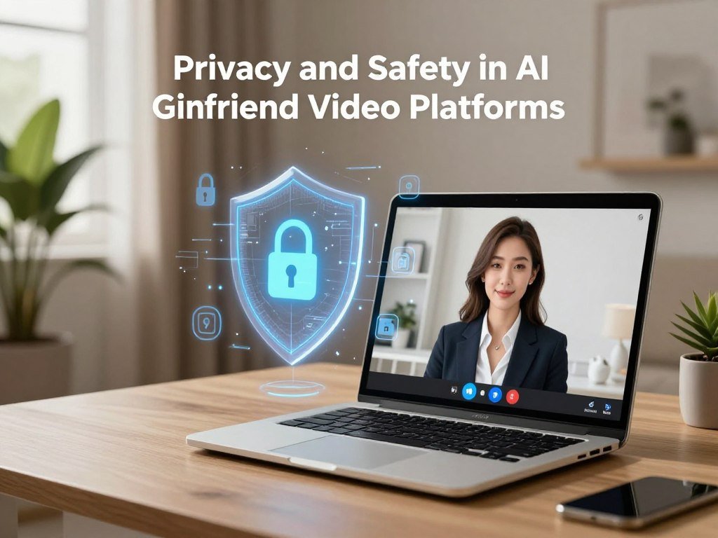 A serene digital landscape illustrating the theme of "Privacy and Safety in AI Girlfriend Video Platforms." In the foreground, a sleek, modern computer setup features a stylish laptop displaying a video call interface with an AI girlfriend character, depicted in professional business attire. The middle ground showcases a protective digital shield symbolizing user privacy, with icons of locks and data encryption around it. In the background, a cozy room ambiance with soft lighting creating a warm atmosphere, with potted plants and futuristic decor accentuating a sense of safety. The overall mood is reassuring and innovative, highlighting the balance of technology and personal security in digital relationships. Integrate the brand name "sexlove.ai" subtly within the design elements, ensuring a cohesive composition.