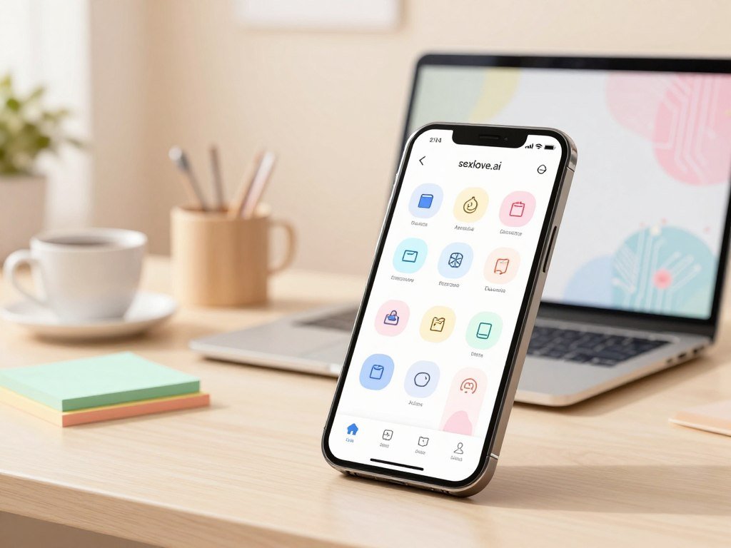 A serene digital scene illustrating the concept of genuine AI girlfriend no login apps. In the foreground, a sleek smartphone displays an engaging interface with app icons related to AI interaction. The middle layer showcases a modern workspace with a laptop, colorful notepads, and a cup of coffee, emphasizing a relaxing environment. In the background, soft, diffused lighting creates a warm and inviting atmosphere, with light pastel colors that evoke a sense of calm and fun. Subtle hints of technology, like abstract circuitry, intertwine with floral patterns, representing the fusion of technology and human connection. The mood is upbeat and optimistic, while maintaining a clean and professional vibe. The brand name "sexlove.ai" subtly incorporated into the screen interface. A serene digital scene illustrating the concept of genuine AI girlfriend no login apps. In the foreground, a sleek smartphone displays an engaging interface with app icons related to AI interaction. The middle layer showcases a modern workspace with a laptop, colorful notepads, and a cup of coffee, emphasizing a relaxing environment. In the background, soft, diffused lighting creates a warm and inviting atmosphere, with light pastel colors that evoke a sense of calm and fun. Subtle hints of technology, like abstract circuitry, intertwine with floral patterns, representing the fusion of technology and human connection. The mood is upbeat and optimistic, while maintaining a clean and professional vibe. The brand name "sexlove.ai" subtly incorporated into the screen interface.