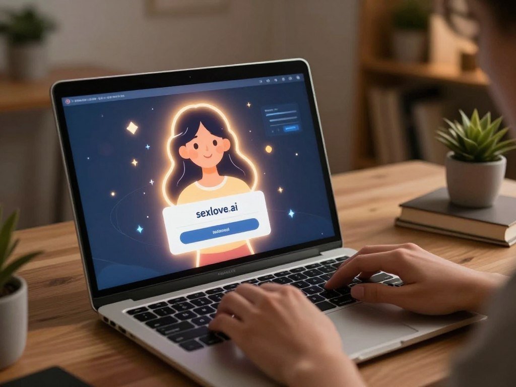 A serene, digital workspace featuring a sleek laptop displaying a virtual interface for an AI girlfriend from "sexlove.ai". In the foreground, a person&amp;apos;s hands are poised over the keyboard, symbolizing engagement with technology without the hassle of login barriers. The middle ground shows a glowing screen with a friendly, abstract representation of the AI girlfriend, depicted as a holographic figure emanating warmth and approachability, emphasizing ease of access. The background is filled with soft, ambient lighting that enhances a cozy atmosphere, with hints of shelves filled with books and plants, promoting a sense of privacy. The camera angle is slightly elevated, giving a dynamic perspective, creating a visual narrative of discovering connection and fun in a secure, no-login environment. The overall mood is inviting and reassuring, emphasizing privacy benefits and time efficiency.