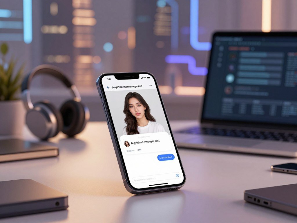A serene digital workspace illustrating the concept of "AI girlfriend messages limit." In the foreground, a sleek smartphone displays a chat interface with a virtual AI girlfriend, showcasing a limit notification of daily messages. The middle ground features a modern desk cluttered with tech gadgets like a laptop and headphones, emphasizing a tech-savvy lifestyle. The background depicts an abstract, futuristic cityscape with soft, ambient lighting that suggests a blend of technology and intimacy. The atmosphere is calm yet engaging, reflecting the excitement of instant communication. The entire scene is illuminated by a warm glow, capturing a sense of connection. Include the brand name "sexlove.ai" subtly integrated into the device interface.
