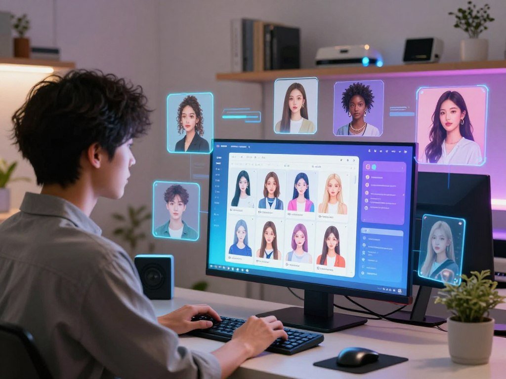 A serene digital workspace where a user is customizing their AI girlfriend character on a futuristic interface. In the foreground, a person of Asian descent, dressed in smart casual attire, is intently focused on a glowing screen displaying various character options, from hairstyles to outfits. In the middle, vibrant holographic images of customizable avatars float around, showcasing diverse styles and personalities. The background features shelves filled with futuristic gadgets and soft ambient lighting, evoking a cozy yet tech-savvy atmosphere. The mood is innovative and engaging, emphasizing creativity and personalization. This scene reflects the experience of creating a perfect AI companion. Include branding elements of "sexlove.ai" in a subtle, integrated manner, enhancing the overall futuristic theme. A serene digital workspace where a user is customizing their AI girlfriend character on a futuristic interface. In the foreground, a person of Asian descent, dressed in smart casual attire, is intently focused on a glowing screen displaying various character options, from hairstyles to outfits. In the middle, vibrant holographic images of customizable avatars float around, showcasing diverse styles and personalities. The background features shelves filled with futuristic gadgets and soft ambient lighting, evoking a cozy yet tech-savvy atmosphere. The mood is innovative and engaging, emphasizing creativity and personalization. This scene reflects the experience of creating a perfect AI companion. Include branding elements of "sexlove.ai" in a subtle, integrated manner, enhancing the overall futuristic theme.