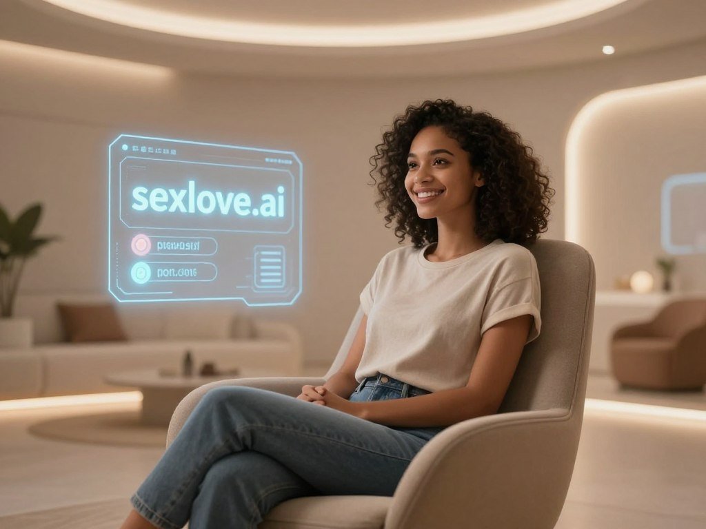 A serene, futuristic room with soft, ambient lighting creates a warm atmosphere, showcasing an AI chat girlfriend sitting comfortably in a stylish chair. She has an inviting smile and is dressed in casual yet elegant clothing, embodying a friendly, approachable personality. Her features are a blend of various ethnicities, symbolizing diversity in virtual companionship. In the background, a sleek digital interface glows softly, displaying the name "sexlove.ai" as a hologram. The scene captures the essence of connection in a virtual world, with a focus on warmth and positivity. Use a wide-angle lens effect to emphasize the space and create an intimate feel, while maintaining clarity and sharpness. The overall mood is welcoming and futuristic, inviting viewers to explore the phenomenon of AI companionship.