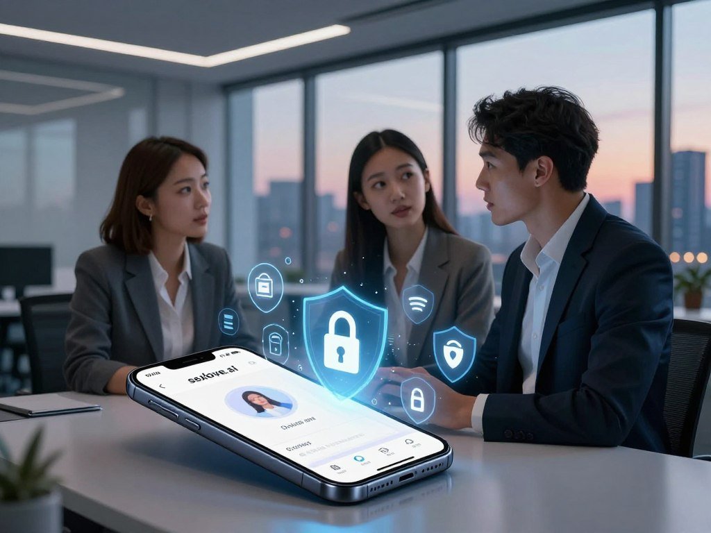 A serene, futuristic setting highlighting the concepts of privacy and safety in AI girlfriend apps. In the foreground, a sleek smartphone with an open app interface showcasing "sexlove.ai," surrounded by holographic icons representing data protection, encryption, and user control. In the middle, a diverse group of three individuals, dressed in professional business attire, discussing the app with expressions of curiosity and engagement. The background features a modern office environment with soft, ambient lighting, large windows overlooking a city skyline bathed in twilight colors. The atmosphere conveys trust and innovation, emphasizing the importance of privacy in technology, with subtle visual cues like padlocks and shield icons integrated into the design, promoting user safety and peace of mind.