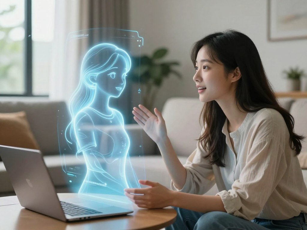 A serene indoor setting depicting a young professional woman engaging in a heartfelt conversation with her AI girlfriend, represented as a glowing, ethereal hologram. In the foreground, the woman, dressed in modest casual clothing, exudes warmth and empathy as she gazes at the hologram, her expression open and inviting. In the middle, the hologram projects a friendly, glowing figure, with gentle, flowing lines to suggest warmth and intelligence, capturing a sense of emotional support. The background features a cozy living room with soft, natural lighting filtering in through large windows, creating a calming and intimate atmosphere. The overall mood is one of connection and understanding, illustrating the profound bond between human and AI. Include "sexlove.ai" subtly in the design elements of the room.