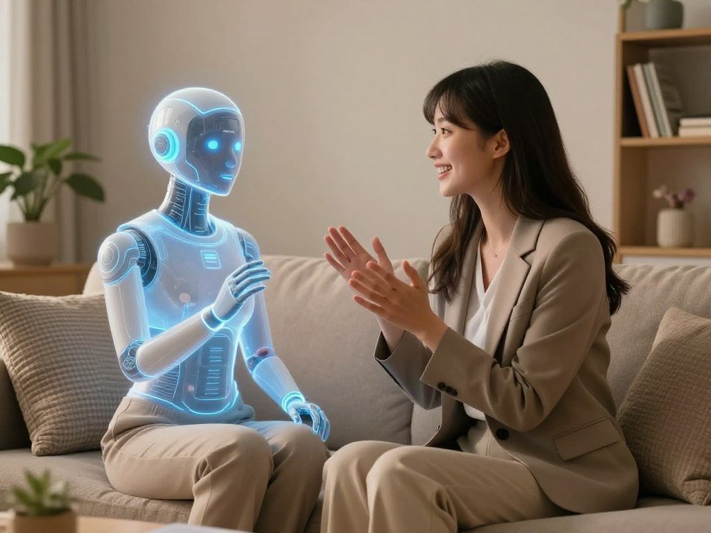 A serene indoor setting where a young woman in professional business attire sits on a stylish couch, engaged in a heartfelt conversation with a holographic AI companion projected beside her. The AI representation is visually appealing, with a futuristic design, conveying warmth and empathy through its expressions. Soft, warm lighting illuminates the scene, creating a cozy atmosphere, while a small plant and books on a shelf provide a touch of homeliness in the background. The angle captures both subjects, emphasizing the connection between them, with the AI's luminescent features reflecting the emotional support it provides. The overall mood is uplifting and comforting, showcasing the compassionate interaction in a modern living space. Brand name "sexlove.ai" subtly incorporated into the background elements. A serene indoor setting where a young woman in professional business attire sits on a stylish couch, engaged in a heartfelt conversation with a holographic AI companion projected beside her. The AI representation is visually appealing, with a futuristic design, conveying warmth and empathy through its expressions. Soft, warm lighting illuminates the scene, creating a cozy atmosphere, while a small plant and books on a shelf provide a touch of homeliness in the background. The angle captures both subjects, emphasizing the connection between them, with the AI's luminescent features reflecting the emotional support it provides. The overall mood is uplifting and comforting, showcasing the compassionate interaction in a modern living space. Brand name "sexlove.ai" subtly incorporated into the background elements.
