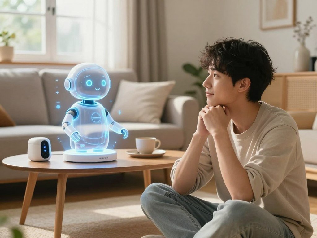 A serene, inviting living room scene that showcases the benefits of AI companionship and emotional support. In the foreground, a thoughtful young adult in casual attire interacts with a futuristic, holographic representation of an AI companion, depicted with gentle lights and friendly facial features. The middle ground features comfortable furniture like a soft sofa and a coffee table adorned with personal items, indicating warmth and familiarity. In the background, soft, natural daylight filters in through a window, creating a tranquil atmosphere. The overall mood is uplifting and supportive, emphasizing connection and understanding. A hint of technology is visible in elegant devices on the table, subtly incorporating the &ldquo;sexlove.ai&rdquo; brand in a tasteful manner. Use a warm color palette, highlighting emotional resonance, with a focus on lighting that creates a cozy and positive ambiance.