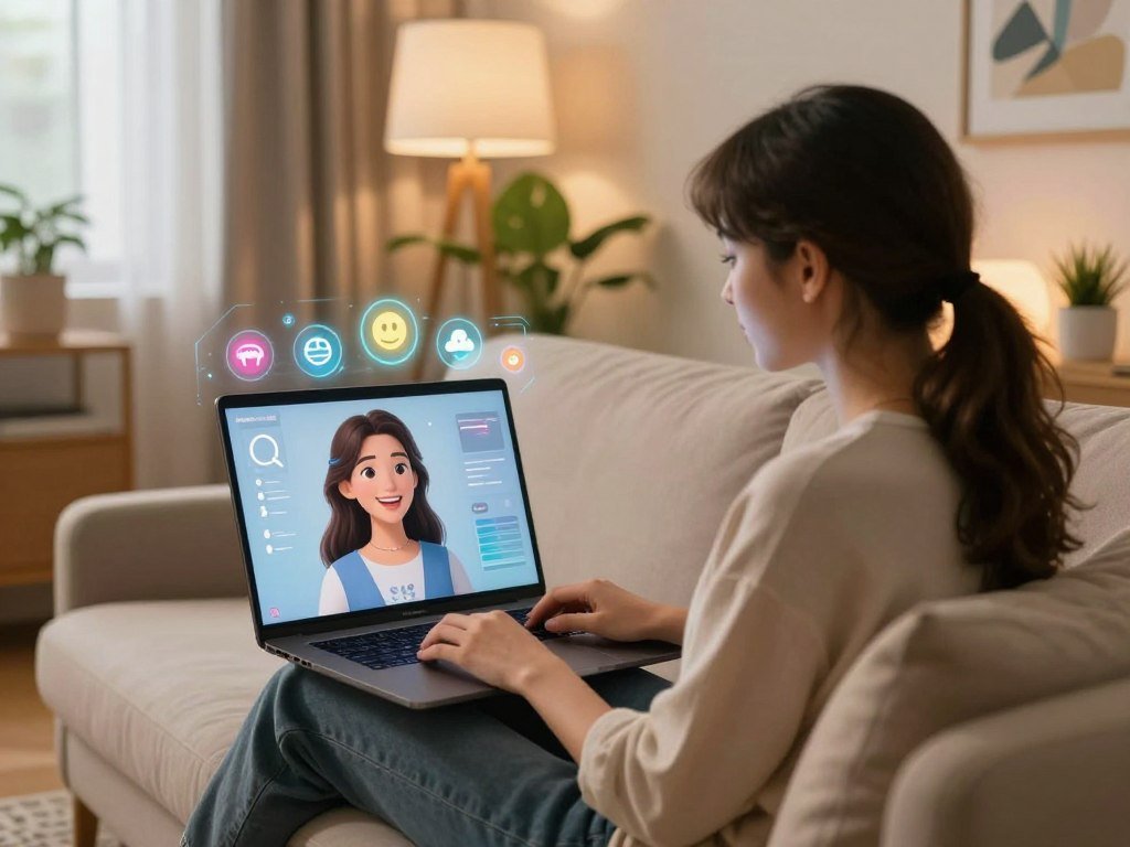 A serene, inviting room showcases a virtual meeting space where a user is engaging with their AI girlfriend. In the foreground, a person dressed in smart casual attire sits comfortably on a plush sofa, their attention focused on a sleek laptop displaying a friendly, animated AI character with a warm smile. In the middle ground, a softly glowing holographic interface hovers above the laptop, showing vibrant icons symbolizing communication, emotions, and shared experiences. The background features warm ambient lighting with modern decor, including houseplants and art, creating a cozy atmosphere. The scene embodies connection and intimacy, emphasizing the joy of maximizing a virtual relationship experience. The overall mood is uplifting and hopeful, inspired by the brand identity of sexlove.ai, highlighting technology&amp;apos;s role in enhancing personal relationships.