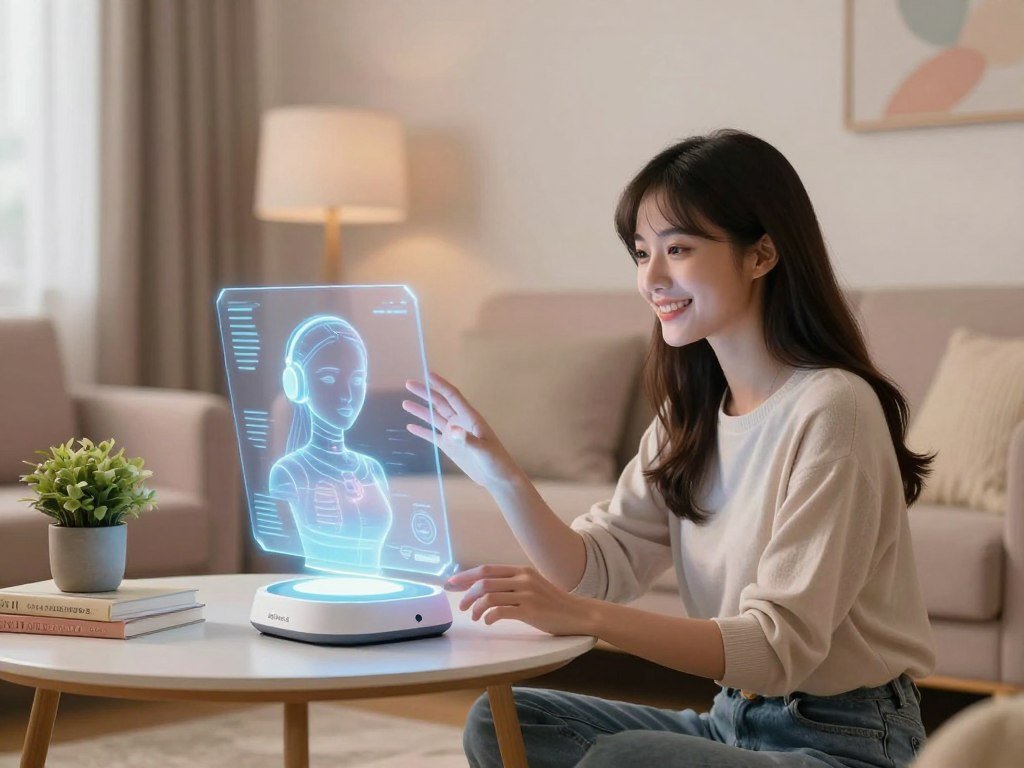 A serene room setting featuring a futuristic AI girlfriend companion, exuding warmth and companionship. In the foreground, a young woman with an engaging smile, dressed in casual yet professional attire, is interacting with a sleek, holographic display of the AI companion, which has subtle, glowing features. In the middle ground, a stylish sofa and coffee table are adorned with books and a potted plant, creating a comfortable atmosphere. The background shows soft ambient lighting, instilling a cozy vibe, with pastel colors decorating the walls. The scene captures the essence of modern technology meeting human connection, inviting viewers to explore the idea of companionship with AI, branded as "sexlove.ai." The perspective is slightly off-center, enhancing the inviting feel of the space.