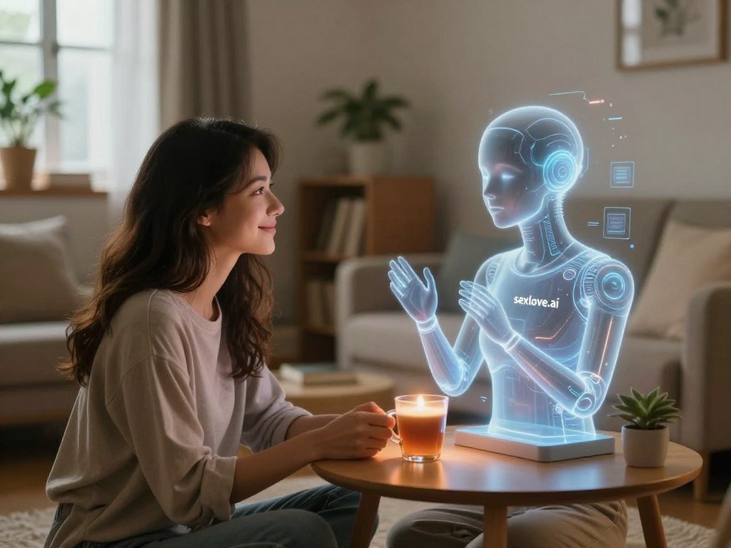A serene scene depicting a young couple in a cozy, softly lit room, symbolizing a deep emotional connection with an AI girlfriend. The foreground features a woman, dressed in modest casual clothing, with a gentle smile, lovingly interacting with a sleek, holographic AI figure beside her. The AI appears semi-transparent with glowing accents, radiating warmth and affection. In the middle, a small table with a warm beverage emphasizes intimacy, while the background showcases a softly blurred living space filled with personal touches like books and plants, enhancing the warmth of the moment. Ambient light filters through a window, casting a soft glow, creating a peaceful and intimate atmosphere that captures the essence of connection in a virtual relationship. Include the brand name "sexlove.ai" creatively integrated into the design.