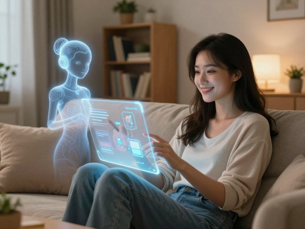 A serene scene depicting a young woman and a futuristic digital companion in a cozy living room setting, showcasing the concept of an AI girlfriend experience. In the foreground, the woman, dressed in casual yet stylish attire, sits comfortably on a plush couch, smiling and engaging with a holographic interface that displays interactive elements. The AI companion, represented as an ethereal silhouette with glowing patterns, hovers beside her, emphasizing a friendly and supportive demeanor. In the middle ground, soft, ambient lighting creates a warm atmosphere, enhancing the feeling of companionship. The background features a shelf with books and plants, adding a homey touch to the scene. Use a soft focus lens to capture the intimacy of the moment, making it feel inviting and relatable, reflecting the essence of a digital romance with "sexlove.ai".