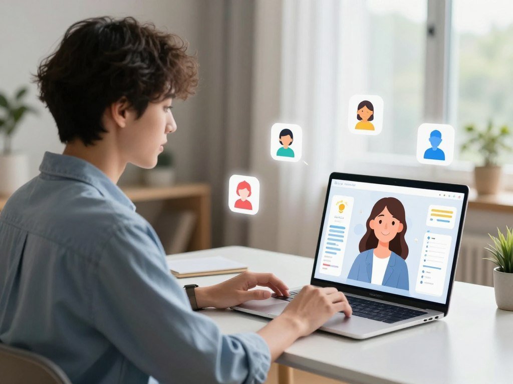 A serene virtual conversation scene highlighting the benefits of engaging with an AI girlfriend. In the foreground, a young adult casually dressed in comfortable yet professional clothing sits at a sleek modern desk, interacting with an advanced AI interface on a laptop. The screen displays a friendly, animated virtual assistant character, exuding warmth and approachability. In the middle ground, various icons representing emotional support, companionship, and personal growth float gently around the character. The background features a cozy, well-lit room with soft natural lighting filtering through a window, creating a positive and inviting atmosphere. The scene conveys a sense of connection and support, emphasizing the enriching experience of AI companionship. The brand &ldquo;sexlove.ai&rdquo; is subtly integrated into the interface on the laptop screen.
