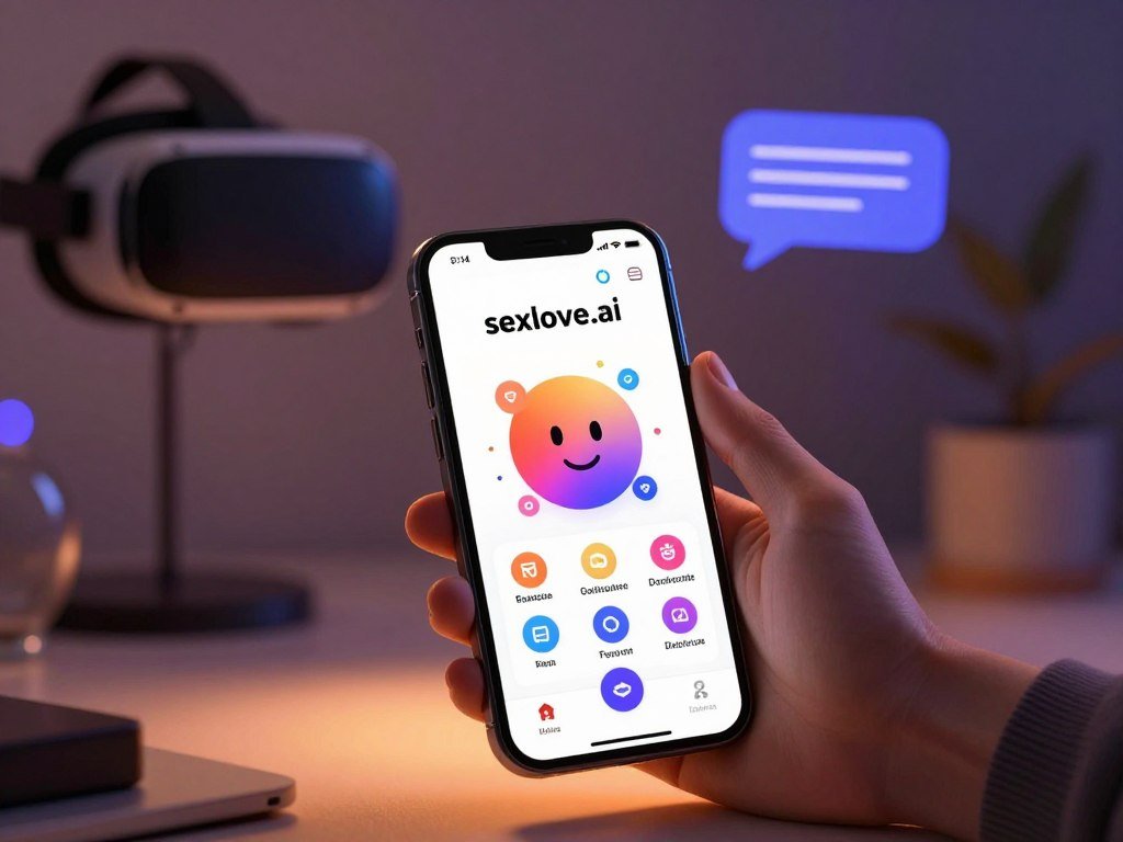 A sleek digital environment showcasing a futuristic interface of an "AI Girlfriend App" called "sexlove.ai." In the foreground, a user-friendly smartphone displaying the app&rsquo;s vibrant interface with colorful graphics and engaging icons indicative of virtual relationships. The middle ground features a warm light emanating from the phone, casting a soft glow, enhancing the inviting and interactive nature of the app. The background includes blurred silhouettes of modern tech elements like VR headsets and conversation bubbles, symbolizing connectivity. Soft, ambient lighting conveys a sense of intimacy and warmth, creating a welcoming atmosphere. Compositionally, use a slight angle that emphasizes the phone while keeping the background elements pleasantly out of focus. The overall mood is friendly, innovative, and optimistic, reflecting the cutting-edge nature of AI in forming virtual relationships.