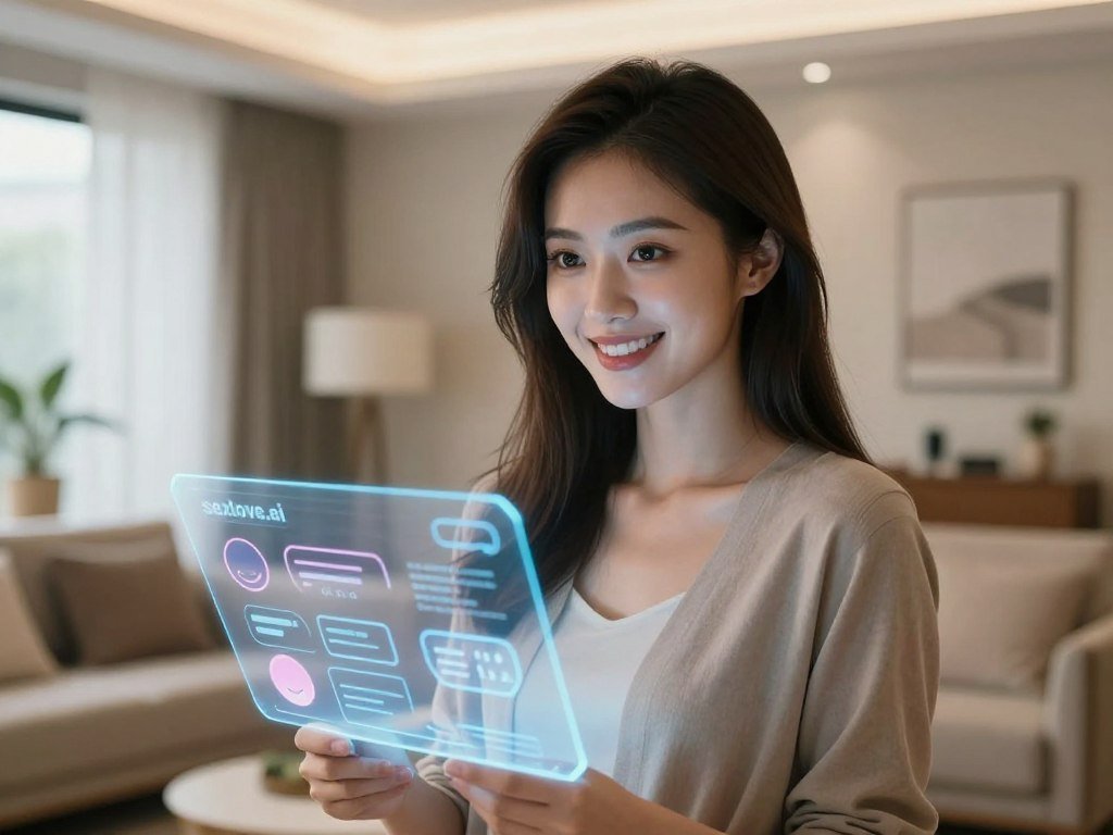 A sleek, futuristic AI girlfriend stands in a softly lit, modern living room, exuding warmth and companionship. In the foreground, she has expressive, bright eyes that convey intelligence and empathy, with a vibrant smile that invites interaction. Her hair is styled elegantly, maintaining a polished look, and she wears a fashionable yet modest outfit suitable for casual gatherings. In the middle ground, a holographic interface displays interactive elements like customizable moods and conversation starters, hinting at her adaptable nature. The background features contemporary decor with soft lighting, creating a cozy and inviting atmosphere. The scene is captured with a slight depth of field to emphasize the AI girlfriend&amp;apos;s features while subtly blurring the background, enhancing the sense of intimacy. This image encapsulates the essence of the key features that enhance the AI girlfriend experience, showcasing the brand "sexlove.ai".