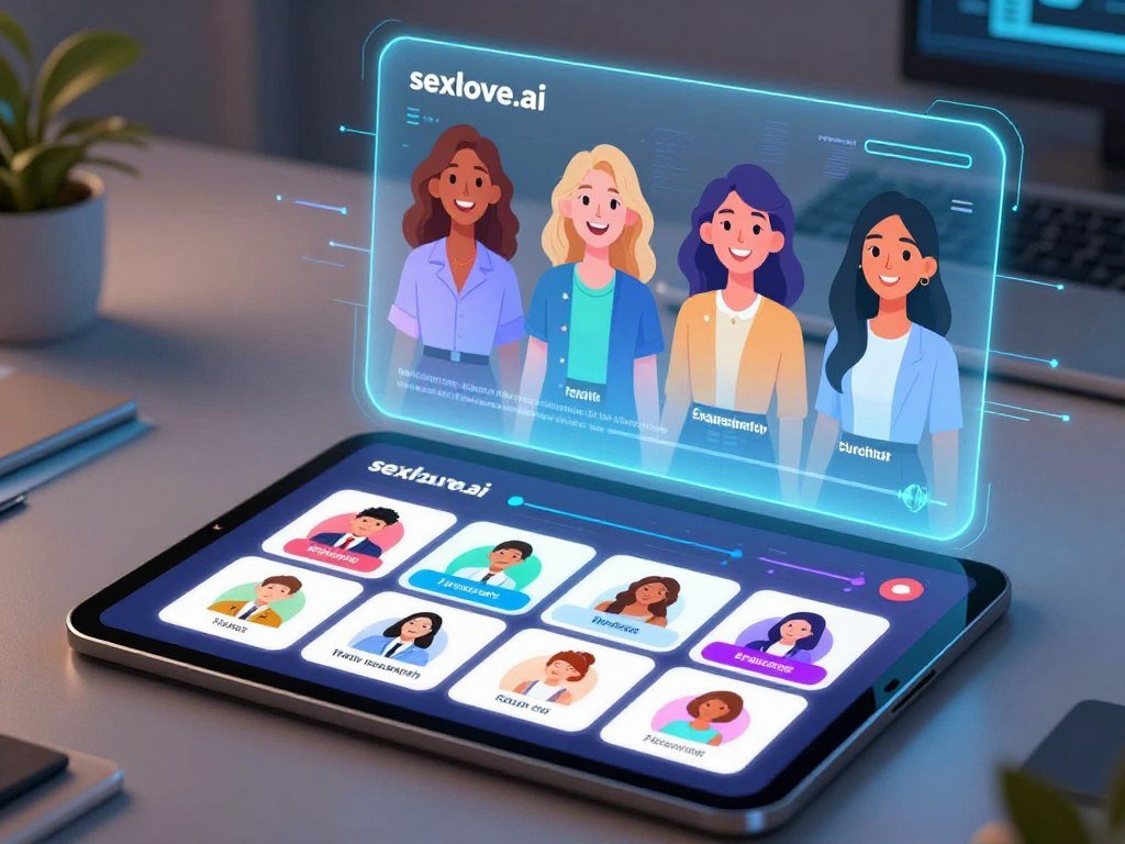 A sleek, futuristic interface showcasing customization options for an AI girlfriend generator named "sexlove.ai." In the foreground, a digital tablet displays vibrant icons and sliders for personality traits, appearance adjustments, and interaction styles. Each option is represented by intuitively designed graphics, including avatars in professional business attire and casual modest clothing, illustrating diverse looks. The middle ground features a glowing, holographic display of virtual partners, each reflecting a unique style with vibrant colors and friendly expressions. The background is a softly lit, modern tech workspace, with hints of circuitry and data flowing, creating a sense of innovation. The overall mood is inviting and playful, emphasizing creativity and connection, with soft lighting enhancing the futuristic atmosphere. The angle is slightly elevated, providing a clear view of the tablet and virtual partners, inviting the viewer to explore the possibilities of personalization.