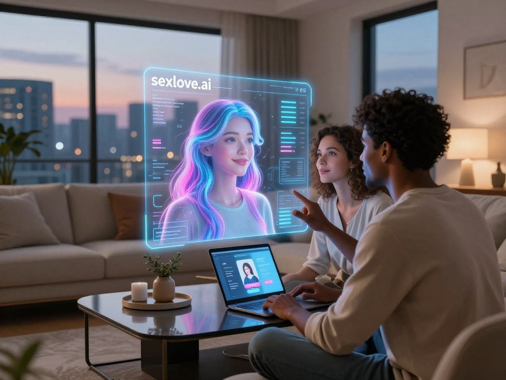 A sleek, futuristic living room setting featuring a digital interface showcasing the brand "sexlove.ai." In the foreground, a diverse couple interacts with a holographic representation of an AI girlfriend, depicted as a friendly and approachable digital avatar. The avatar appears partially transparent with vibrant colors that suggest a dynamic personality. In the middle ground, a coffee table with modern decor and a laptop displaying relationship-enhancing features adds depth. The background shows large windows revealing a city skyline at twilight, with soft, warm lighting to create an intimate atmosphere. The mood is one of connection and innovation, inviting exploration and engagement with AI technology in love lives. A sleek, futuristic living room setting featuring a digital interface showcasing the brand "sexlove.ai." In the foreground, a diverse couple interacts with a holographic representation of an AI girlfriend, depicted as a friendly and approachable digital avatar. The avatar appears partially transparent with vibrant colors that suggest a dynamic personality. In the middle ground, a coffee table with modern decor and a laptop displaying relationship-enhancing features adds depth. The background shows large windows revealing a city skyline at twilight, with soft, warm lighting to create an intimate atmosphere. The mood is one of connection and innovation, inviting exploration and engagement with AI technology in love lives.