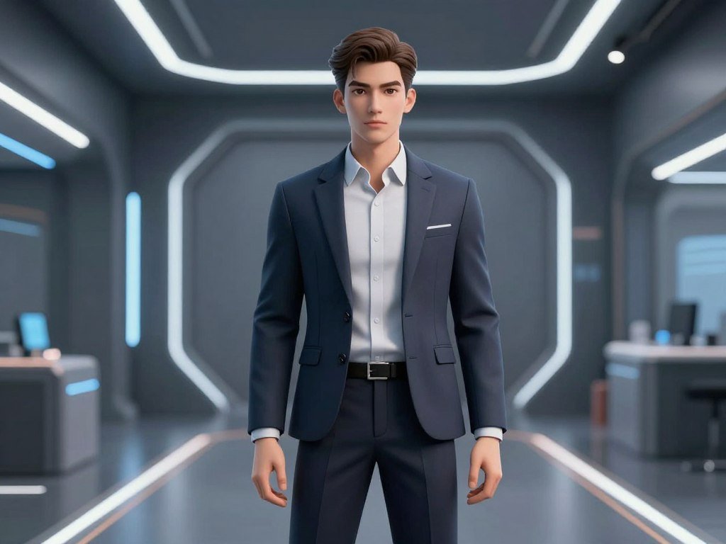 A sleek virtual avatar with a personalized outfit, standing in a futuristic 3D room, high-end graphics.