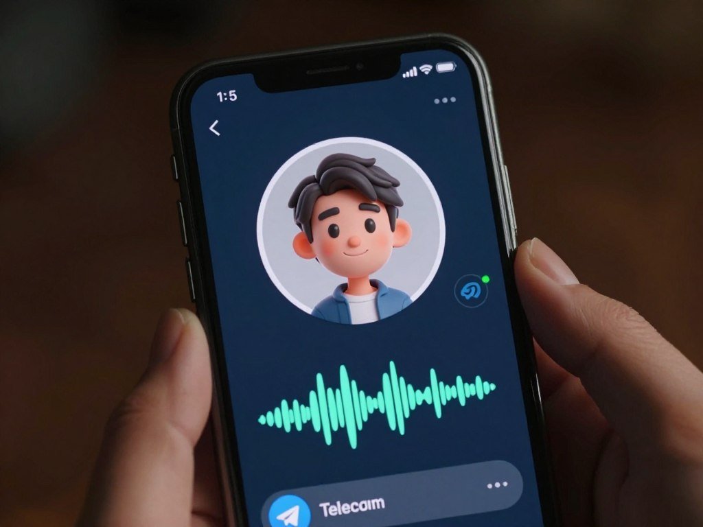 A smartphone displaying a Telegram chat with an AI character, showing 3D avatar icons and a voice note waveform, cinematic lighting.