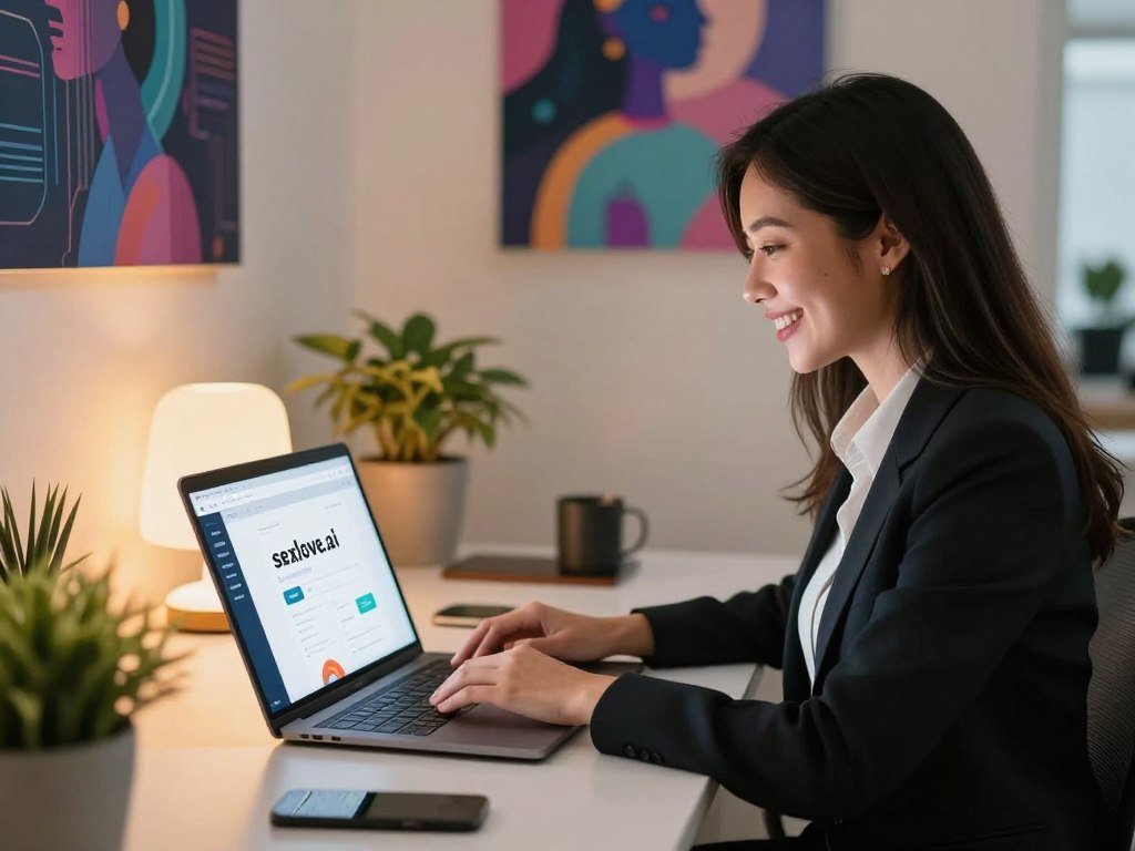 A sophisticated, modern digital workspace featuring a young woman with a friendly smile, poised in a professional business attire, sitting at a sleek desk with a high-tech laptop in front of her. She is engaged with the screen, which displays a user interface for an AI girlfriend generator website, "sexlove.ai." In the foreground, colorful plant decorations add a touch of warmth. The middle layer shows soft ambient lighting, creating a welcoming atmosphere. In the background, abstract digital art conveys the concept of technology and virtual companionship. The image is captured from a slightly elevated angle, emphasizing the interaction with the digital world while maintaining an inviting and professional mood.