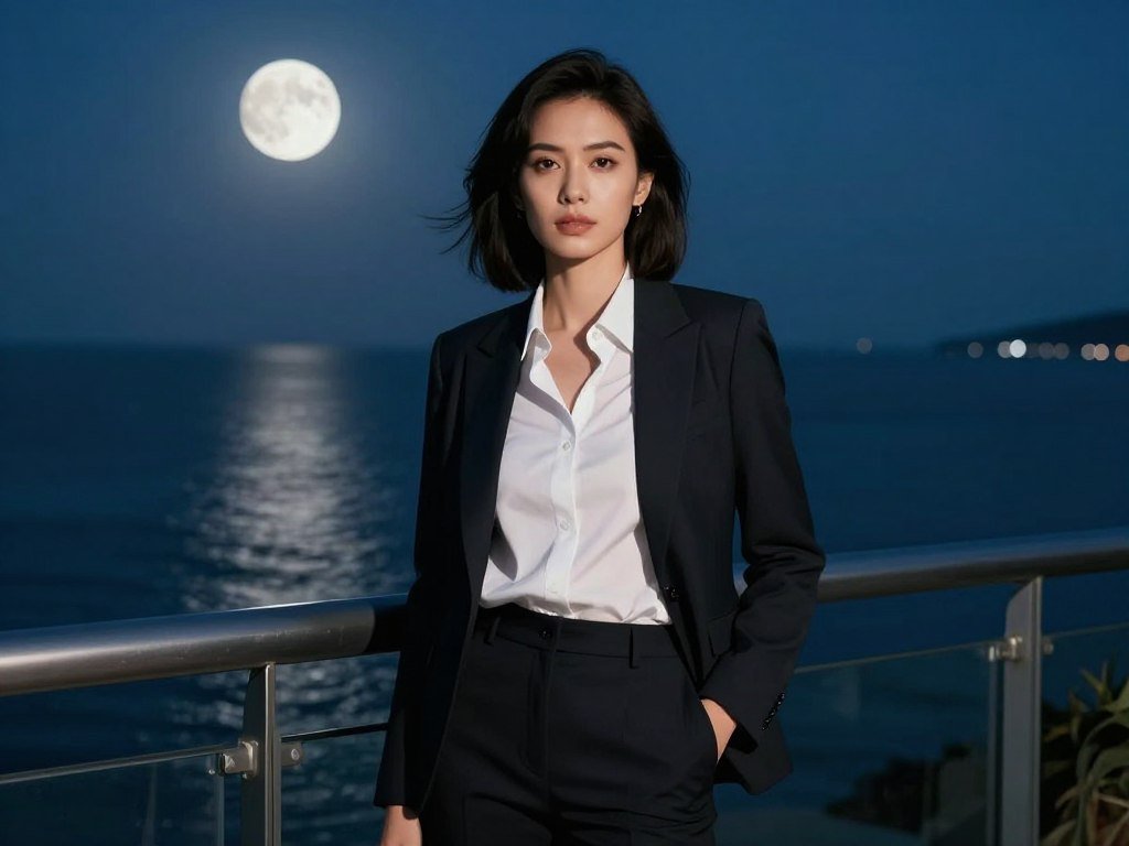 A sophisticated woman with a mysterious look, wearing an elegant evening gown, standing on a balcony overlooking a moonlit ocean, realistic style.