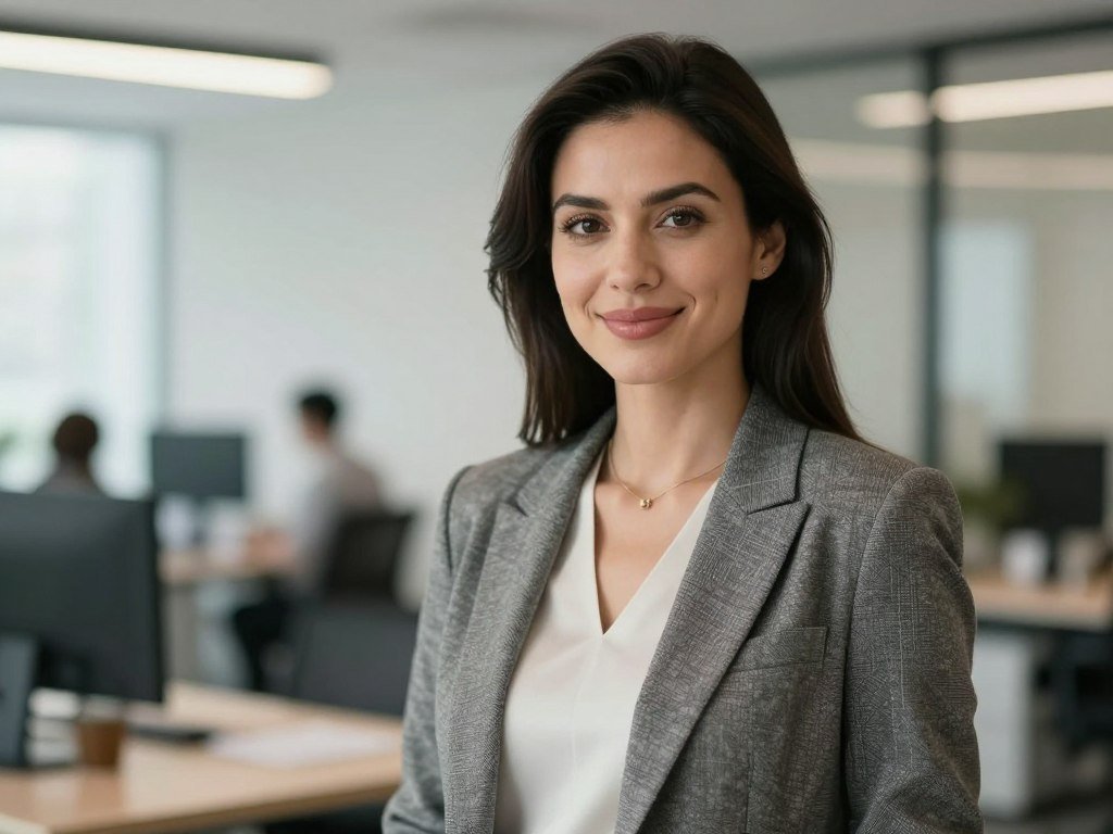 A sophisticated woman with dark hair in a professional office setting, wearing a stylish blazer, looking at the camera with a playful smile, soft focus background, high detail. A sophisticated woman with dark hair in a professional office setting, wearing a stylish blazer, looking at the camera with a playful smile, soft focus background, high detail.