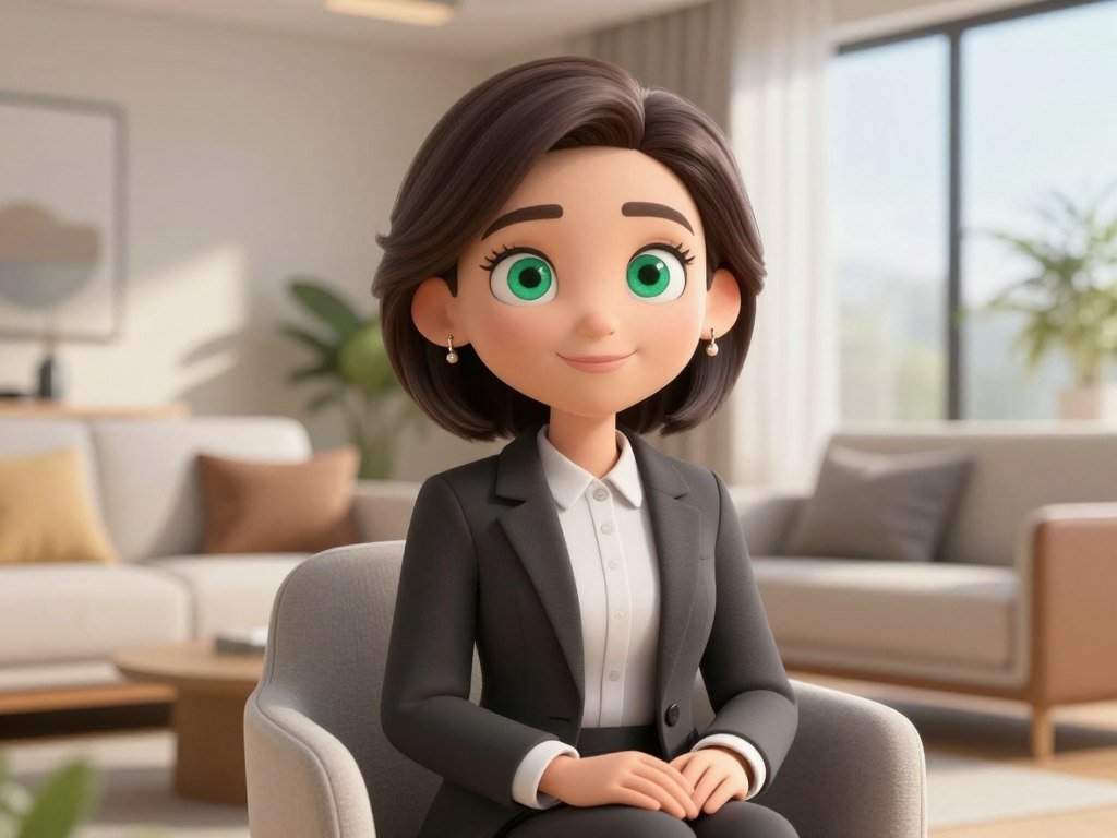 A stunning, photorealistic digital companion with expressive green eyes and a gentle smile, sitting in a modern sunlit living room, high-detail textures, 8k resolution, cinematic atmosphere.