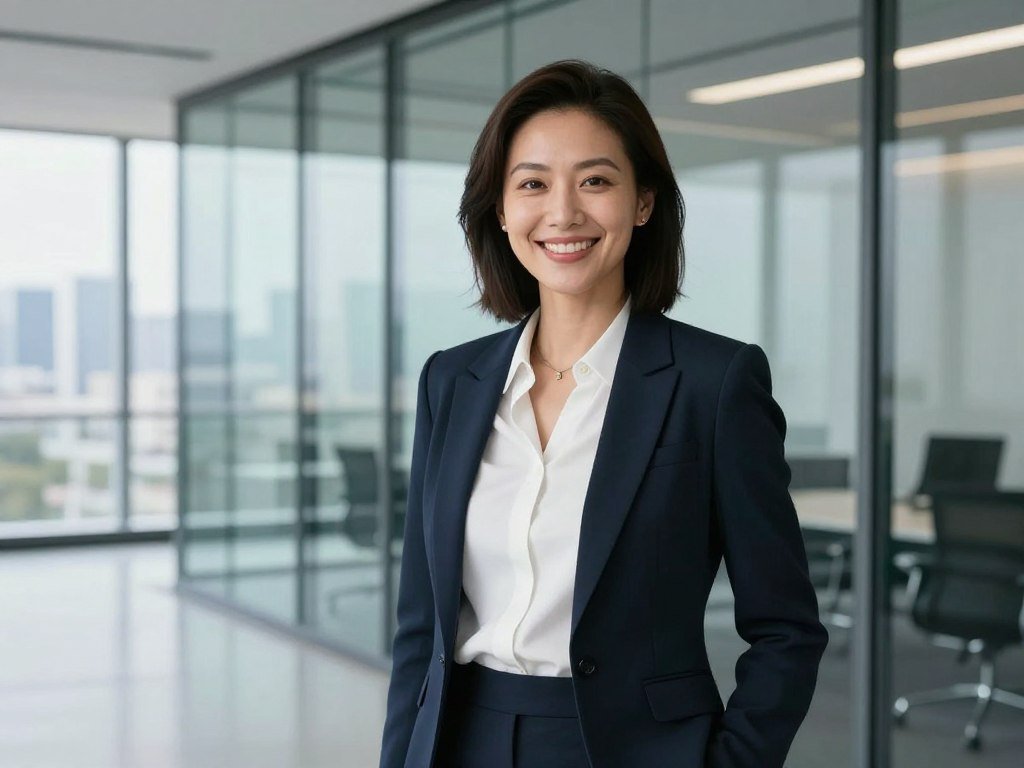 A stunningly beautiful and sophisticated AI woman with a kind smile, professional yet warm attire, standing in a modern glass office with a city view, photorealistic, 8k resolution.